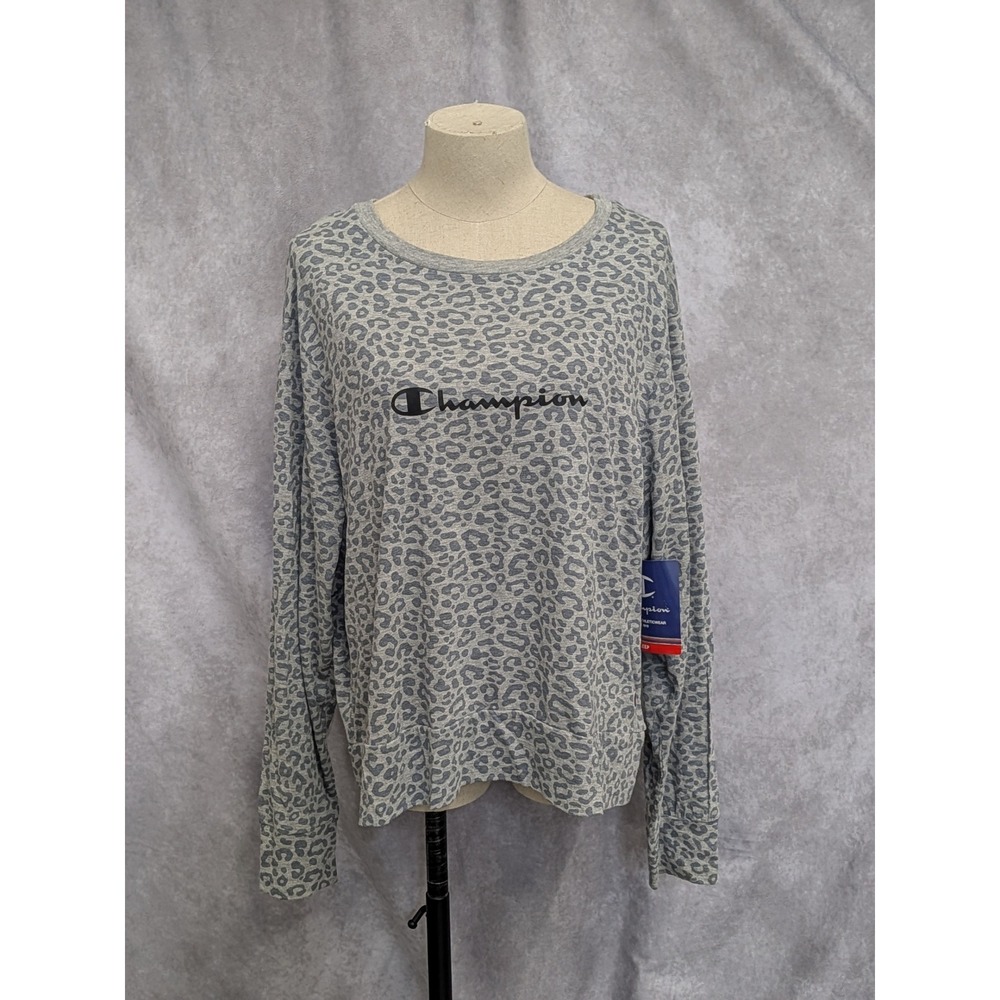 Champion Womens Grey Leopard Print Long Sleeve Sleep Shirt CSLLSS XL NWT
